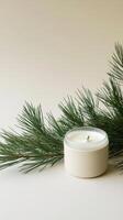 Scented candle with evergreen pine branch on light background, minimalist decor concept photo