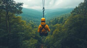 Person ziplining through lush green forest, adventurous travel concept photo