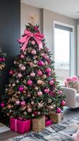 Christmas tree with pink ornaments and gifts in a modern living room, festive holiday decoration photo