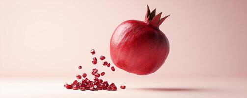 Floating pomegranate with scattered seeds on pink background, contemporary still life. Fresh fruit and minimalism concept photo