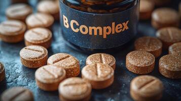 B complex vitamins in brown tablets scattered around a bottle, close-up on a textured background. Health and wellness concept photo