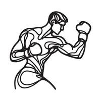 One continuous single drawing black line art doodle of forming a boxer in mid punch, athletic and strong, illustration on white background vector