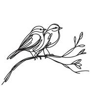 One continuous single hand drawing black line art doodle of a two birds perched closely on a branch, illustration on white background vector