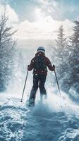 Skier in snowy forest landscape, adventure concept photo