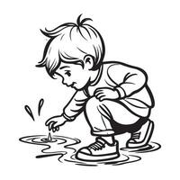 One continuous single hand drawing black line art doodle of a child playing in a puddle illustration on white background vector