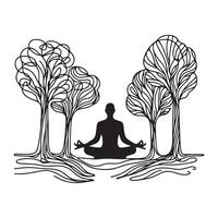 One continuous single drawing black line art doodle of person meditating in nature, with trees vector