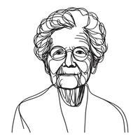 One continuous single drawing black line art doodle of an elderly person with wrinkles and wise, kind eyes, illustration on white background vector