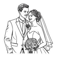One continuous single drawing black line art doodle of wedding couple bride and groom standing side by side, holding hands, illustration on white background vector