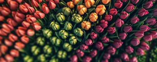 Colorful tulip arrangement from above, floral pattern. Nature and beauty concept photo