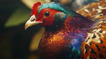 Close-up of colorful pheasant with vibrant plumage and feather details, wildlife portrait. Nature and wildlife photography concept photo
