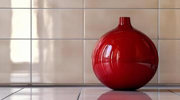 Red ceramic vase on tiled surface, minimalist decor concept photo