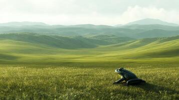 Frog on grassy meadow with distant hills, tranquil nature concept photo