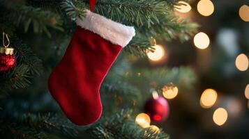 Red christmas stocking hanging on tree with lights, festive holiday atmosphere photo
