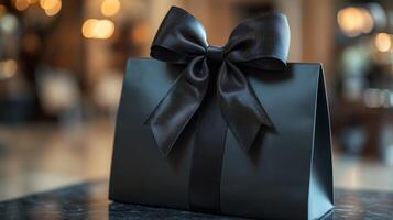 Black gift bag with elegant bow, luxury packaging with blurred background. Celebration and gifting concept photo