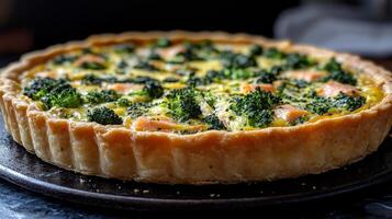 Broccoli and salmon quiche on a dark background, homemade food concept photo