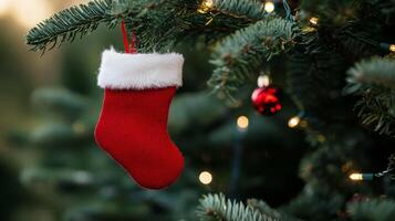Red christmas stocking hanging on decorated tree, festive holiday concept photo