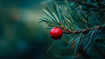 Red berry on pine branch, nature close-up. Tranquil winter forest concept photo