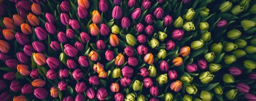 Colorful tulip arrangement viewed from above, vibrant springtime display. Floral art and design concept photo
