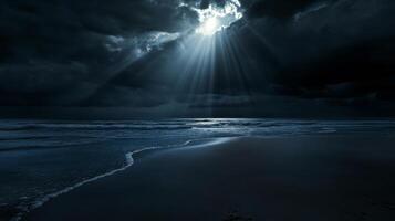Moonlit beach under dramatic cloudy sky, ethereal night scene. Nature and tranquility concept photo