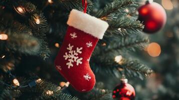 Christmas stocking on decorated tree branch, festive holiday decor concept photo