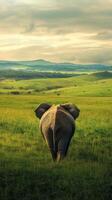 Elephant walking through grassy savannah in the afternoon, peaceful wildlife scene. Nature and conservation concept photo