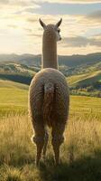 Alpaca standing on a grassy hill overlooking a scenic countryside at sunset, peaceful nature and wildlife concept photo