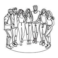 One continuous single drawing black line art doodle of a group of friends standing in a circle vector