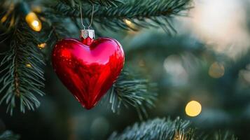Red heart shaped ornament on christmas tree branch with lights, festive holiday decoration concept photo