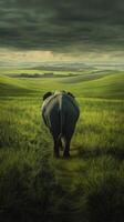 Elephant walking through verdant grassy hills under cloudy sky, tranquil wildlife and nature concept photo