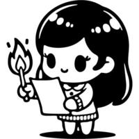 Little girl sets fire to piece of paper with match in monochrome. Careful handling of matches and fire. Simple minimalistic image in black ink drawing on white background vector