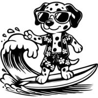 Carefree surfer dalmatian puppy says hello to fans in monochrome. Simple minimalistic image in black ink drawing on white background vector