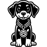 Doberman puppy with dog show winner medal worn around its neck in monochrome. Simple minimalistic image in black ink drawing on white background vector