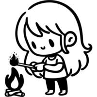 Girl lights a fire with match in monochrome. Careful handling of matches and fire. Simple minimalistic image in black ink drawing on white background vector