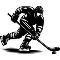 Hockey player rushes on skates with stick and a puck in monochrome. Simple minimalistic image in black ink drawing on white background vector