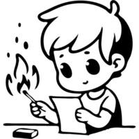 Curious boy prepares to set fire to a sheet of paper in monochrome. Careful handling of matches and fire. Simple minimalistic image in black ink drawing on white background vector
