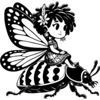 Fairy girl with butterfly wings riding beetle in monochrome. Love and protection of nature. Simple minimalistic image in black ink drawing on white background vector