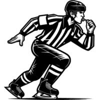 Hockey referee blows her whistle and skates to spot of violation in monochrome. Simple minimalistic image in black ink drawing on white background vector