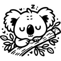 Sleepy Australian koala sleeps comfortably on a eucalyptus tree branch in monochrome. Simple minimalistic image in black ink drawing on white background vector