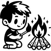 Little boy lights fire with match in monochrome. Careful handling of matches and fire. Simple minimalistic image in black ink drawing on white background vector