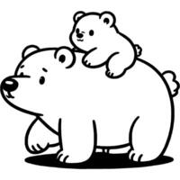 Polar bear cub rides on mother bear back in monochrome. Simple minimalistic image in black ink drawing on white background vector