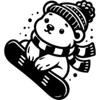 Sporty polar bear cub performs complex snowboarding trick in monochrome. Simple minimalistic image in black ink drawing on white background vector