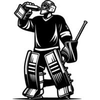 Hockey goalie in uniform drinks water during break in monochrome. Simple minimalistic image in black ink drawing on white background vector