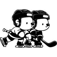 Rivals hockey players polar bears in hockey uniform with sticks rushing on skates after the puck in monochrome. Simple minimalistic image in black ink drawing on white background vector