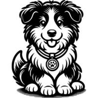 Collie puppy with dog show winner medal worn around its neck in monochrome. Simple minimalistic image in black ink drawing on white background vector