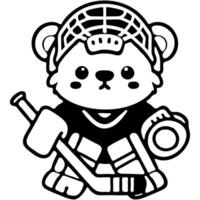 Junior hockey team polar bear stands at goal in monochrome. Simple minimalistic image in black ink drawing on white background vector