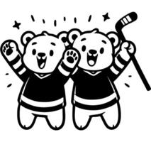 Polar bear fans in hockey team uniforms celebrate victory in monochrome. Simple minimalistic image in black ink drawing on white background vector
