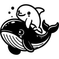 Friends dolphin and baby whale play together in monochrome. Simple minimalistic image in black ink drawing on white background vector