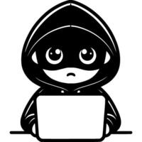 Hacker dressed in a hoodie sits at a laptop in monochrome. Simple minimalistic image in black ink drawing on white background vector