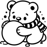 Baby polar bear rolls snow ball in monochrome. Simple minimalistic image in black ink drawing on white background vector