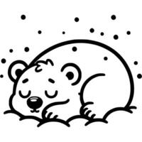 Polar bear cub sleeps peacefully and carefree in a snowdrift under falling snow in monochrome. Simple minimalistic image in black ink drawing on white background vector